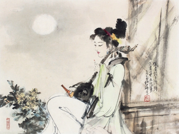 ▲ 현대 중국화가 백백화(白伯驊)의 彈琴圖 (1975年作, 設色紙本, 44×33cm)