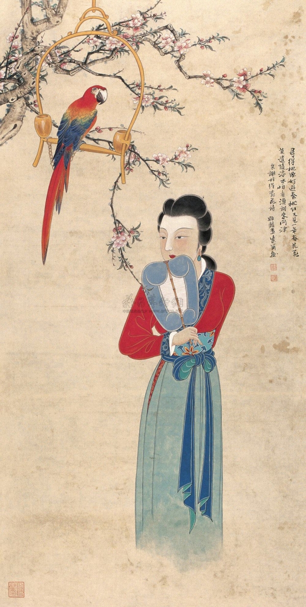▲ 현대 중국화가 유자강(劉紫剛)의 앵무사녀(鸚鵡仕女) 鏡心 (設色紙本, 129×66cm)